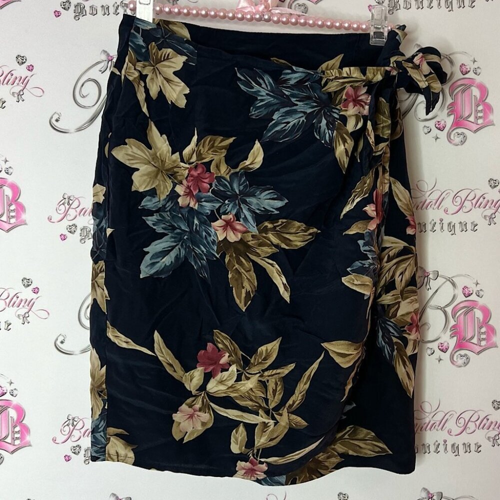 Rena Rowan skirt Floral Wrap Skirt Black Beige flowers 100% silk tie up